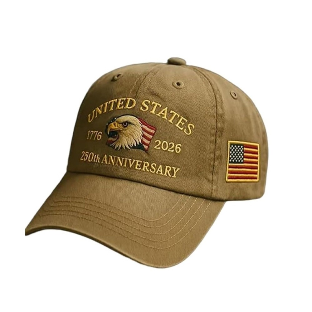 Mens USA 250th Anniversary Eagle Flag Hat Tan Embroidered Adjustable Dad Cap